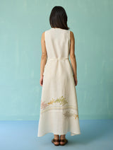 Sira Border Linen Floral Wrap Dress - Ivory