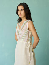 Sira Border Linen Floral Wrap Dress - Ivory