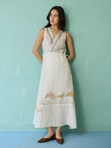 Sira Border Linen Floral Wrap Dress - Ivory