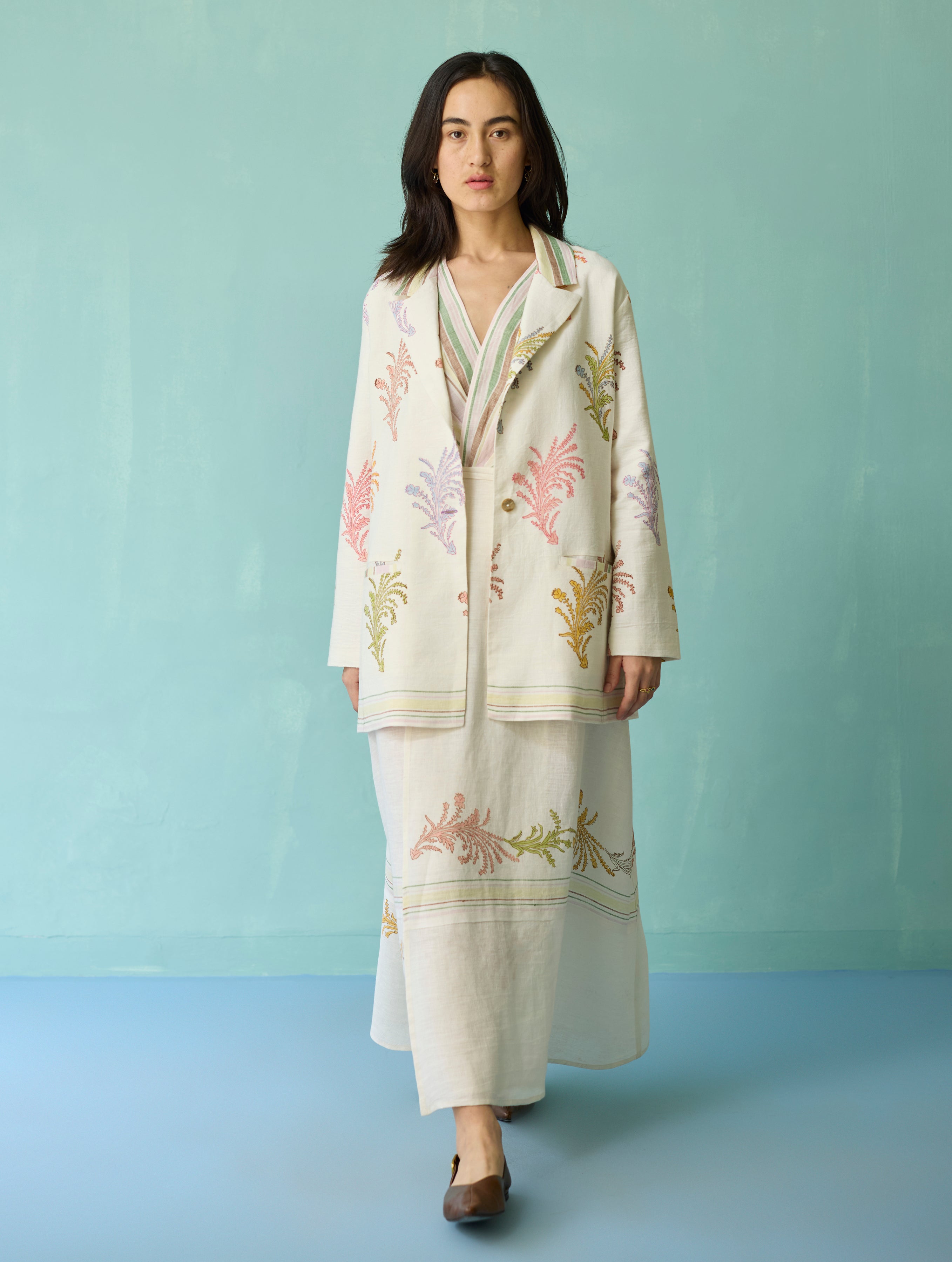 Sira Border Linen Floral Co-ord Set - Ivory