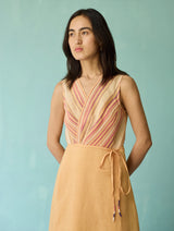 Sira Border Linen Floral Wrap Dress - Apricot