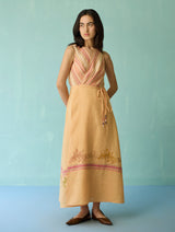 Sira Border Linen Floral Wrap Dress - Apricot
