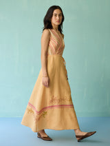 Sira Border Linen Floral Wrap Dress - Apricot