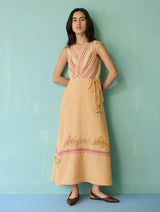 Sira Border Linen Floral Wrap Dress - Apricot