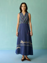 Sira Border Linen Floral Wrap Dress - Indigo