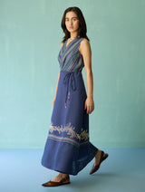 Sira Border Linen Floral Wrap Dress - Indigo