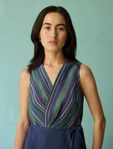 Sira Border Linen Floral Wrap Dress - Indigo