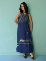 Sira Border Linen Floral Wrap Dress - Indigo