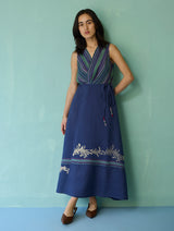 Sira Border Linen Floral Wrap Dress - Indigo