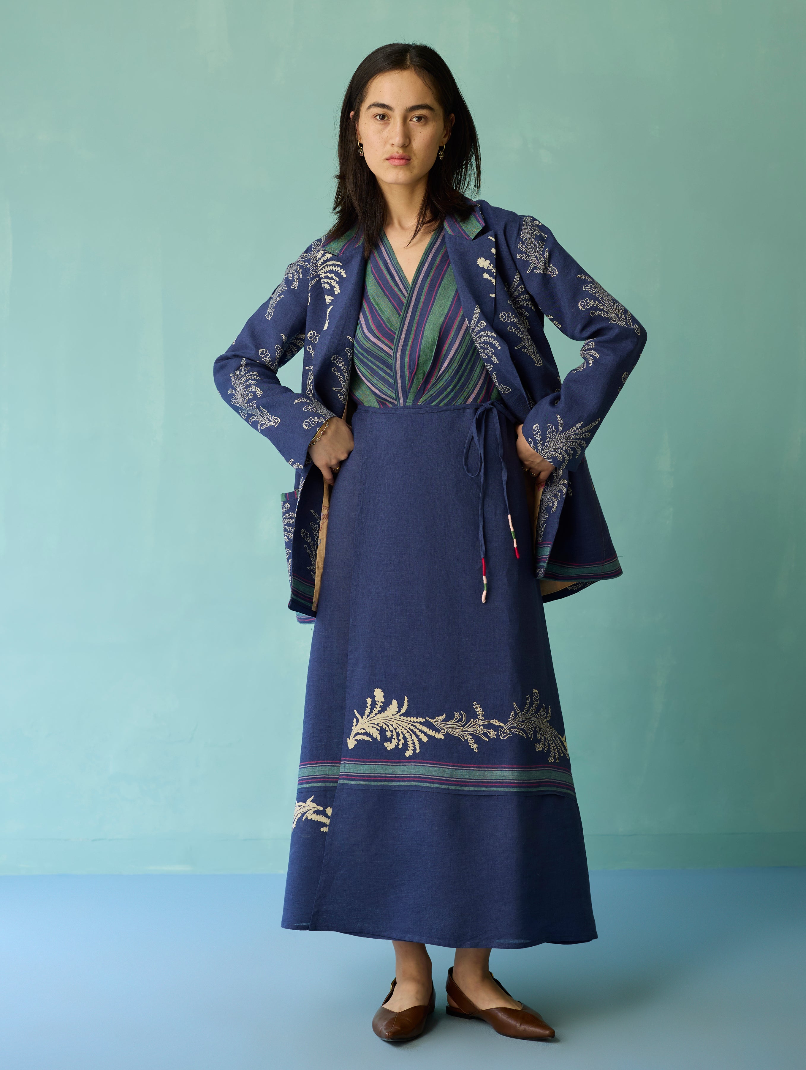Sira Border Linen Floral Co-ord Set - Indigo