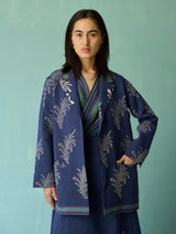 Arya Block Printed Floral Blazer - Indigo