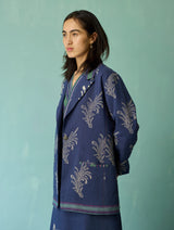 Arya Block Printed Floral Blazer - Indigo