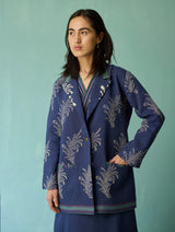 Arya Block Printed Floral Blazer - Indigo
