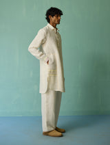 Briar Collared Border Linen Kurta Set - Ivory