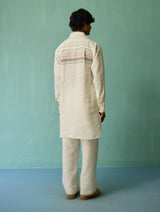 Briar Collared Border Linen Kurta Set - Ivory