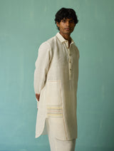 Briar Collared Border Linen Kurta Set - Ivory