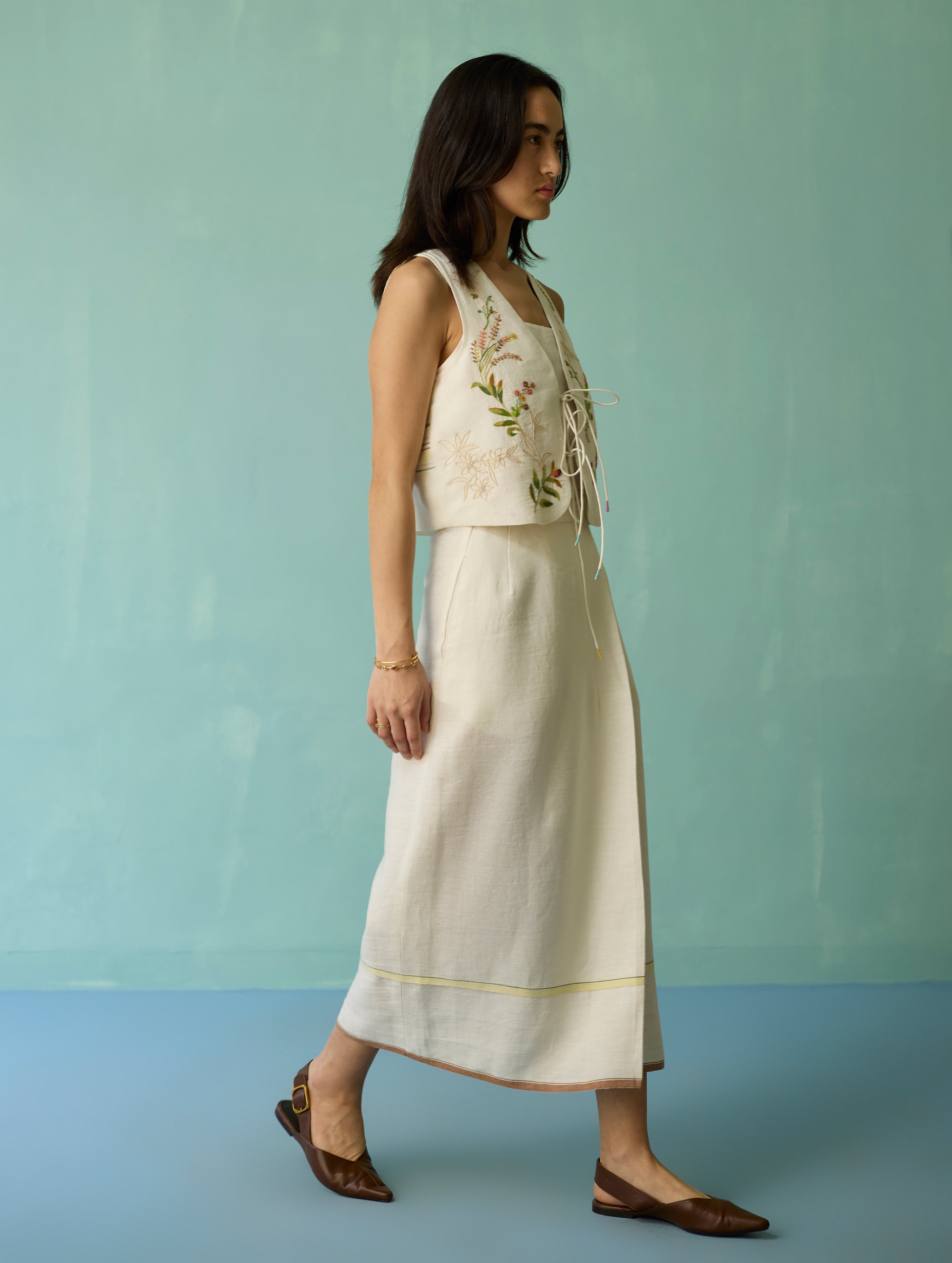 Eon Hand-Embroidered Floral Vest Co-ord Set - Ivory