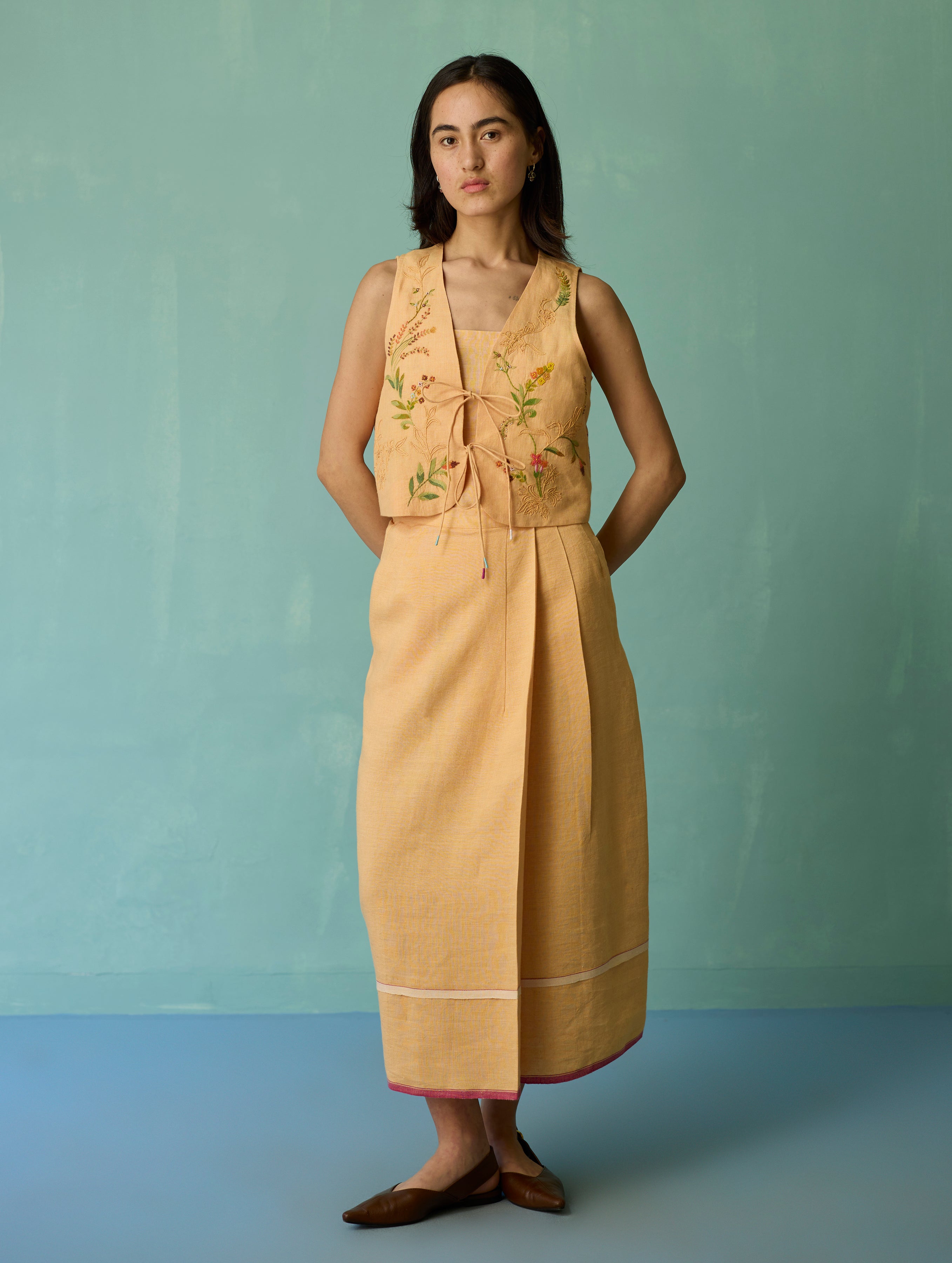 Eon Hand-Embroidered Floral Vest Co-ord Set - Apricot