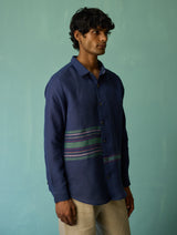 Daniel Border Stripe Linen Shirt - Indigo