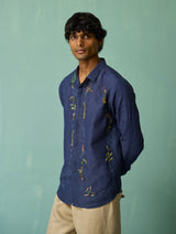Sid Hand-Embroidered Floral Shirt - Indigo