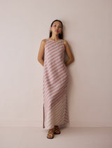 Orta Stripe Linen Bias Sleeveless Dress - Natural