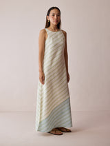 Orta Stripe Linen Bias Sleeveless Dress - Ivory