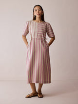 Sola Patchwork Block-Printed Linen Dress - Natural