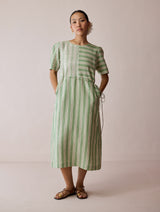 Sola Patchwork Block-Printed Linen Dress - Fern