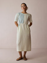 Sola Patchwork Block-Printed Linen Dress - Ivory