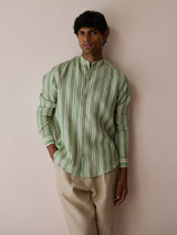 Ari Stripe Linen Block-Printed Shirt - Fern