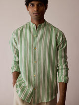 Ari Stripe Linen Block-Printed Shirt - Fern