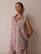 Ello Sleeveless Block-Printed Linen Shirt - Natural