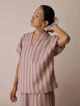 Anne V-Neck Stripe Linen Top - Natural