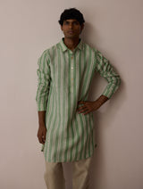 Taro Block-Printed Stripe Linen Kurta - Fern
