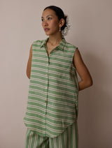 Ello Sleeveless Block-Printed Linen Shirt - Fern