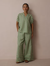 Anne V-Neck Stripe Linen Top - Fern