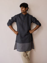 Yasi Linen Kurta with Sheer Linen Panel - Charcoal