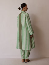 Joana Patchwork Stripe Linen Shirt Kurta - Fern