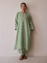 Parvee Block-Printed Linen Angrakha Kurta - Fern