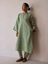 Parvee Block-Printed Linen Angrakha Kurta - Fern
