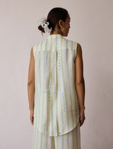Ello Sleeveless Block-Printed Linen Shirt - Ivory