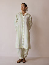 Joana Patchwork Stripe Linen Shirt Kurta - Ivory