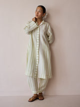 Joana Patchwork Stripe Linen Kurta Sets - Ivory