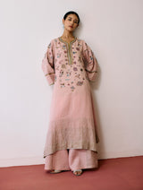 Ura Hand-Embroidered Metallic Linen Kurta - Pink
