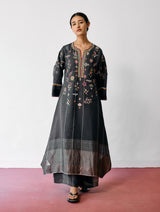 Ura Hand-Embroidered Metallic Linen Kurta Set - Charcoal