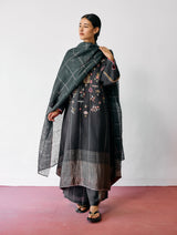 Sava Linen Metallic-Check Dupatta - Charcoal