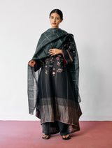 Sava Linen Metallic-Check Dupatta - Charcoal