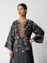 Ura Hand-Embroidered Metallic Linen Kurta Set - Charcoal