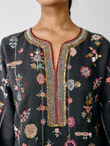 Ura Hand-Embroidered Metallic Linen Kurta Set - Charcoal