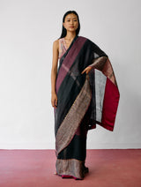 Afra Metallic Handloom Linen Saree - Metallic Charcoal